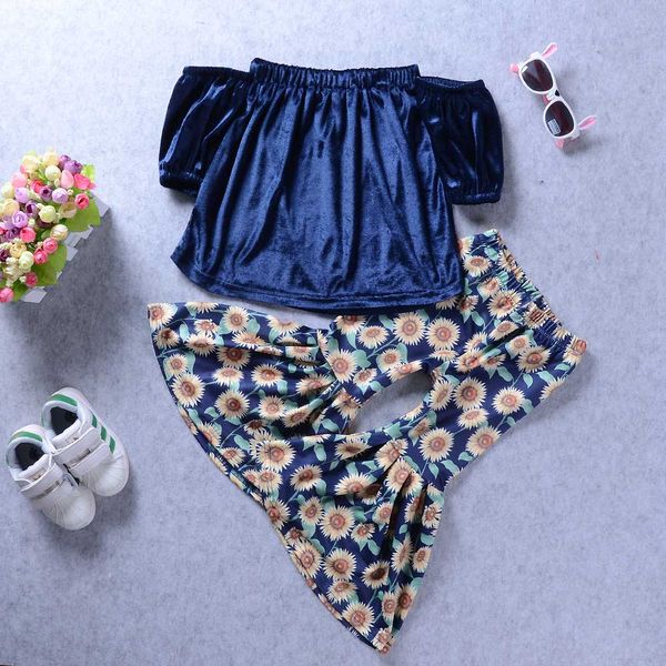 

2018 Summer Baby Girl Off Shoulder Velvet Tops + Sunflower Bellbottoms Set Oufit Kids Girls Print Clothing Toddler Boutique Costume