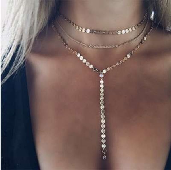 

multilayer sequins rhinestone tassel pendants chain necklace choker collar women jewelry #235641, Silver