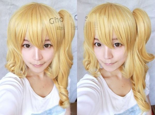 

flandre scarlet short milk blonde curly cosplay wig with clip on tail, Black
