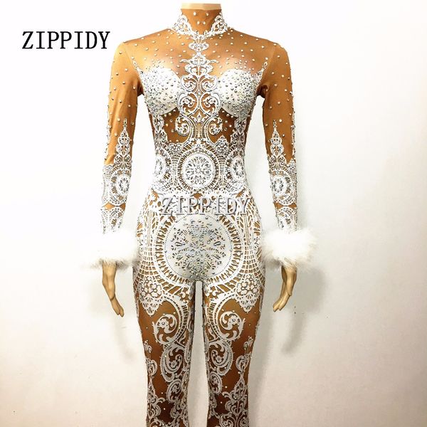 

Sexy White Lace Nude Rhinestone Jumpsuit Female Singer Sexy Stage Wear Bodysuit One -Piece Costume Glisten Stones Stretch Outfit