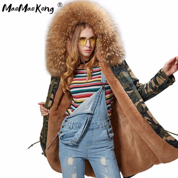 Wholesale- Factory wholesale pink real womens fur coat army green Large color raccoon fur parkas outwear long lfaux fur lining coat winter