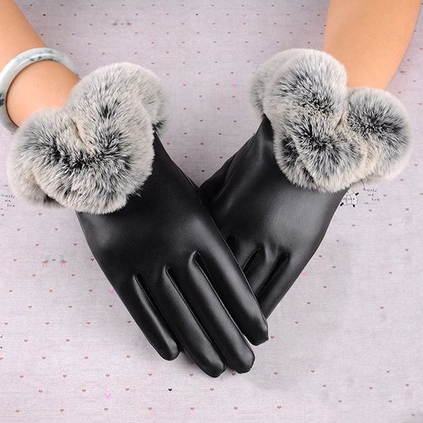 

women warm thick winter gloves leather elegant girls mittens size with fur female touch screen gloves, Blue;gray