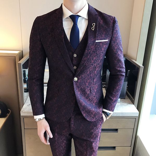 

british yarn-dyed printing wine red suit custom made wedding suits with pants mens tuxedos grooms shawl lapel one button set, White;black