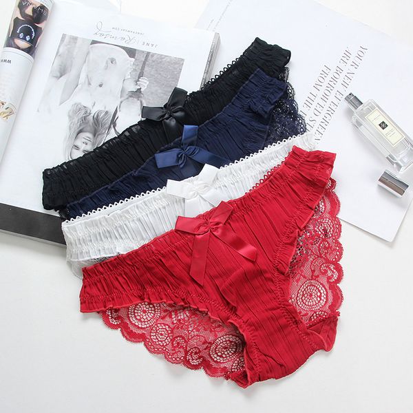 

women underwear see through lace panties bow tie women underpants fold briefs transparent underwear 086, Black;pink