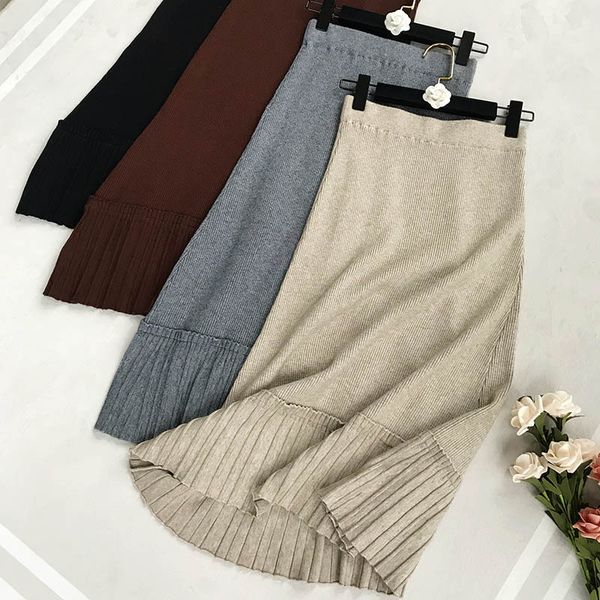 

knitted skirt korean version high waist was thin cake skirt 2018 autumn and winter new large size was thin wild wool, Black