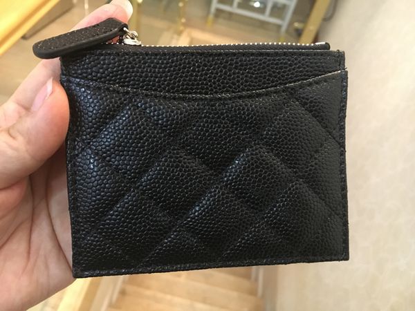 

2018 Brand Design Genuine Leather zipper Card Holder Black Caviar Coin Wallet Small Purse with box