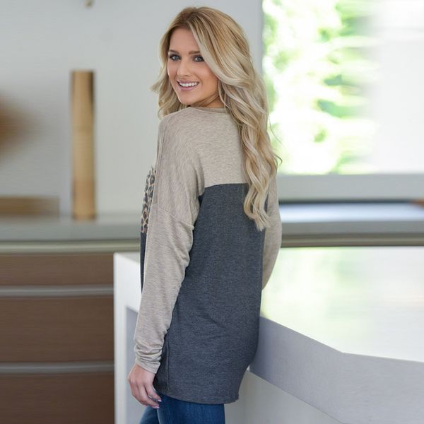 

t-shirts round leopard pullover women's stitching sleeve neck t-shirt knotted long women's rwwjj, Black