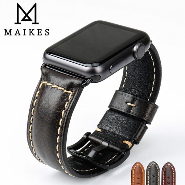 

maikes vintage genuine leather changeable strap accessories 38mm 42mm band series 3 2 1 iwatch bracelet, Black;brown