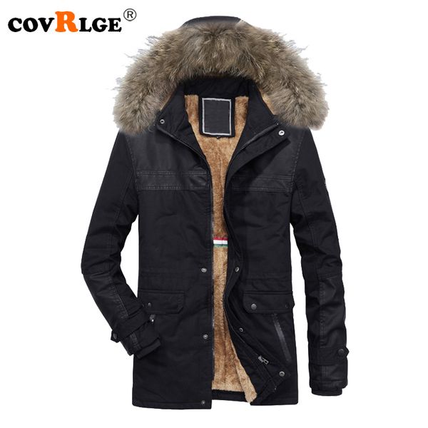 

covrlge 2018 new men parkas winter plus velvet thickening male warm long jacket hooded with fur collar parka overcoat mwm061, Black