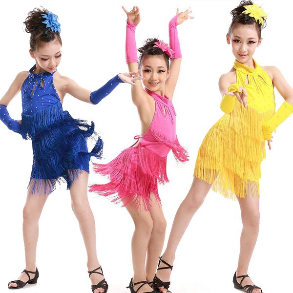 

new kids tassles latin dresses rose blue children abiti latin dance dress for competition girls ballroom salsa dancing costumes, Black;red
