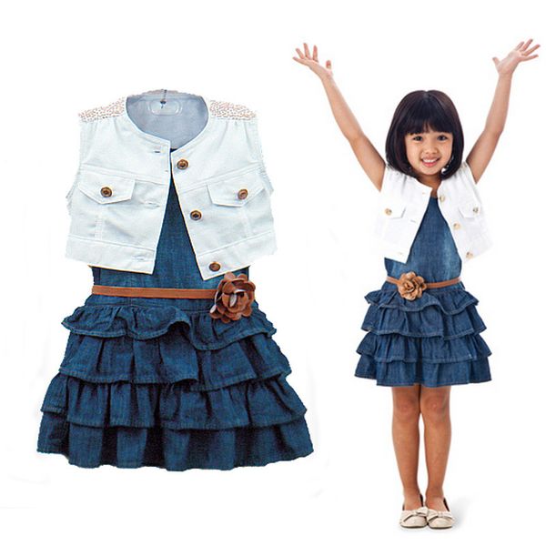 

2018 summer girls 3pcs sets navy style retro kids sets denim dress bull-puncher dress sleeveless dress + coat + belt three-piece suit, White