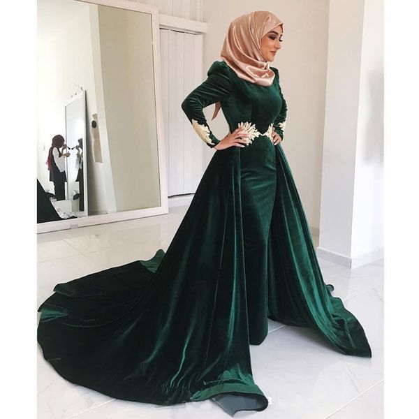 Abiti da sera musulmani in velluto verde cacciatore Collo alto Appliqued Plus Size Abiti da ballo Maniche lunghe Vestidos De Fiesta Overskirt Abito formale