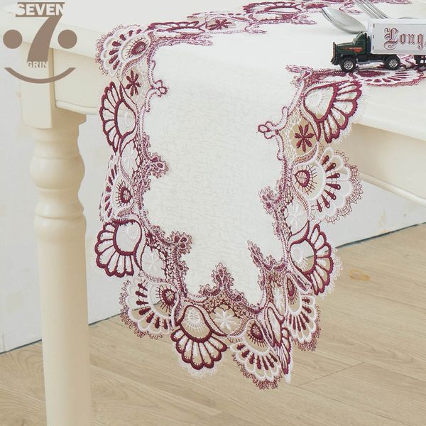 

home decorative dining banquet birthday festival embroidered two-tone border thick polyester cloth table runner