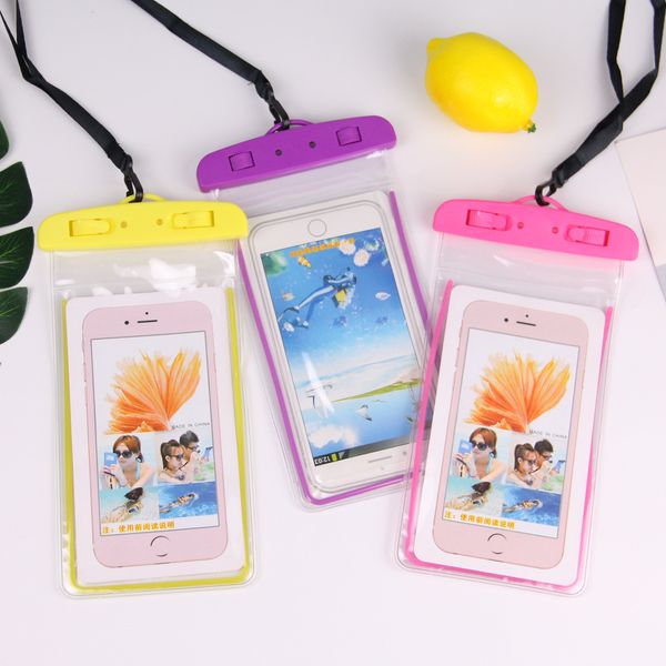 

2018 wholesale for iphone 6s plus waterproof bag fluorescent cellphone bag with lanyard colorful night light cellphone pouch