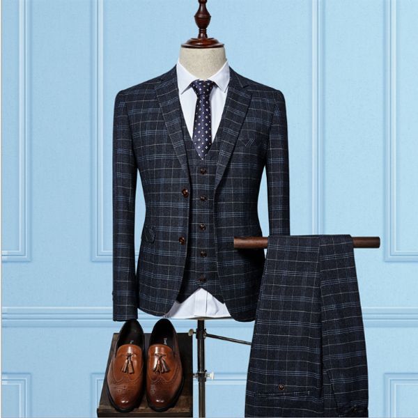 

костюм мужчин набор британский темно-серый плед мужские костюмы из твида смокинги вскользь blazer 3шт мужские blazer костюмы (куртка + брюки, Black;gray