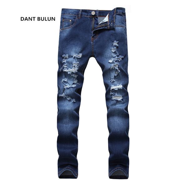 

2018 new fashion men holes jeans european high street motorcycle biker jeans men hip hop ripped slim pants dropshipping, Blue
