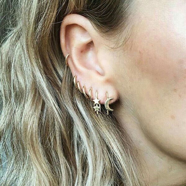 

7 pcs/ set fashion star moon round adjustable stud earring set female personality charm party golden earring combination, Golden;silver
