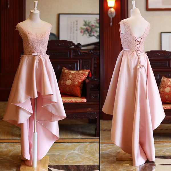 

scoop neck lace satin high low bridesmaid dresses lace up party dresses pink wedding guest dresses, White;pink