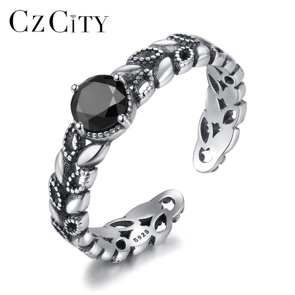

czcity real 925 sterling silver retro open rings for women unique hollow leaves design vintage gemstone cuff rings femee bijoux, Golden;silver