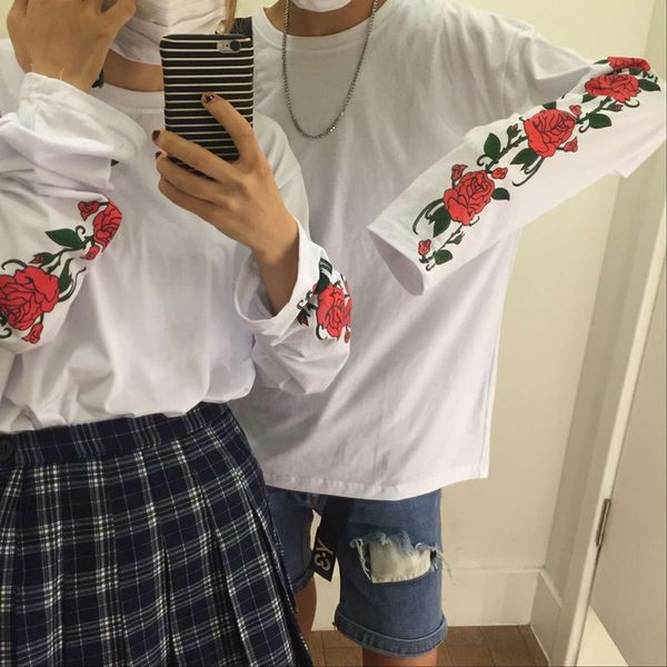 

chic personalized rose sleeve thin couple loose t-shirt women's sweatshirts japan harajuku ulzzang female korean kawaii cute, White