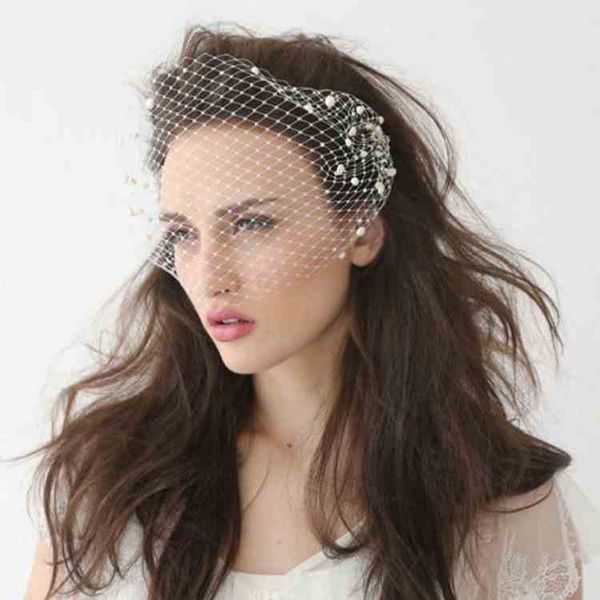 Popular White Bird Cage Veil With Pearls Short Hair Accessories