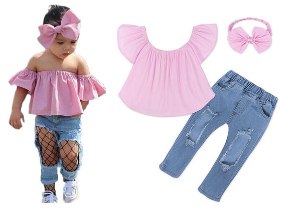 

girls baby childrens clothing sets pink hole jeans pants headbands 3pcs set fashion girl kids boutique infant clothes outfits, White