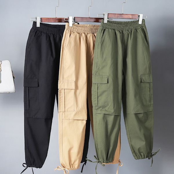 

plus size women workout cotton military combat army green cargo pants overalls ladies straight multi-pocket trousers, Black;white