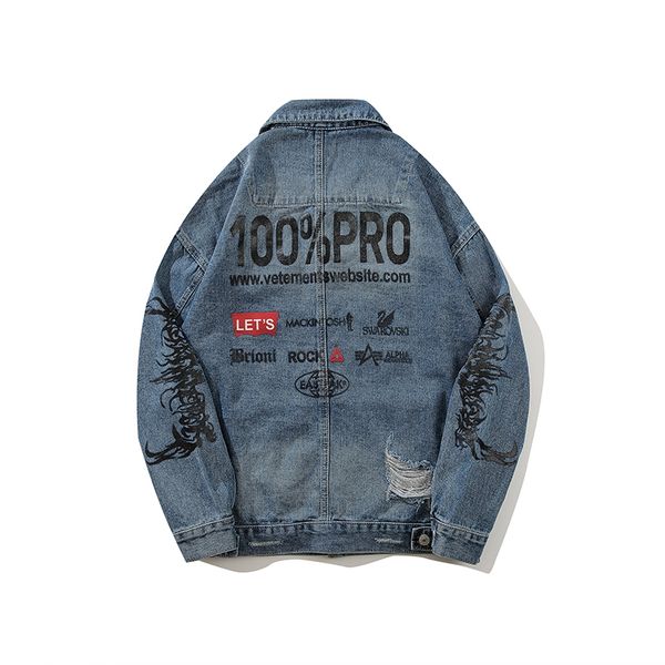 

denim jacket 2018 new men's wear dark high street popular hip-hop loose sleeve letters printed street hip-hop original hole, Black;brown