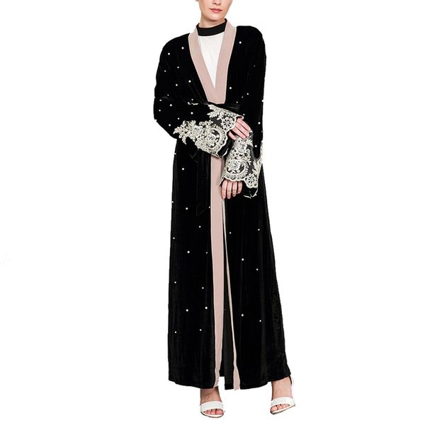 

muslim fashion beading clothes open stitch clothing plus size lace spliced contract color robe long sleeve outwear 2018 autumn, Tan;black