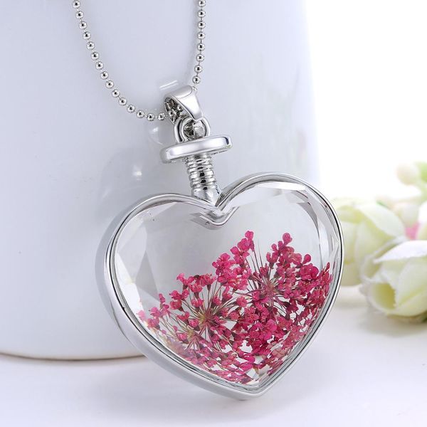 

2016 latest design creative heart flower necklace dried flower pendants, Silver