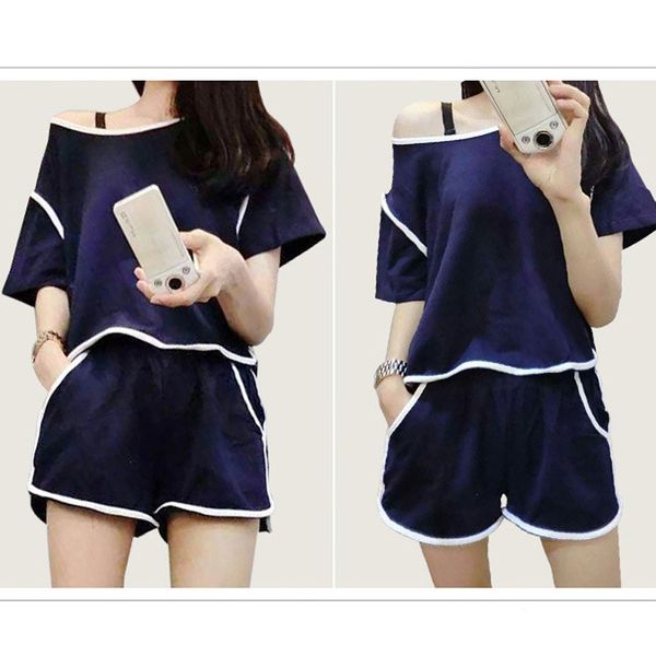 

female summer loose sets -2xl 2018 new women's casual exercise suit cotton one shoulder strap t-shirt + shorts two-piece, Gray