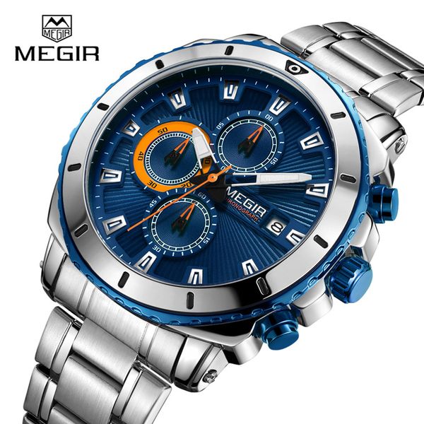 

men's business watch brand megir 2075 luxury army chronogra clock male 3-eye quartz wrist watches relogio masculino, Slivery;brown