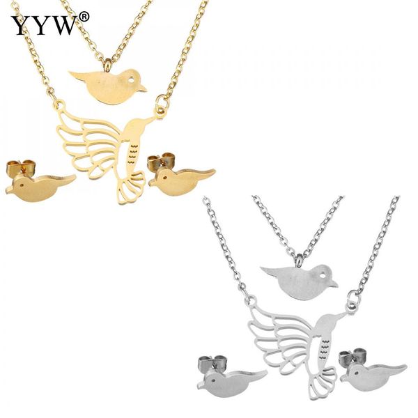 

2018 stainless steel silver /gold color charm pendant necklace & earrings jewelry sets for women gift stud earrings bird kolye