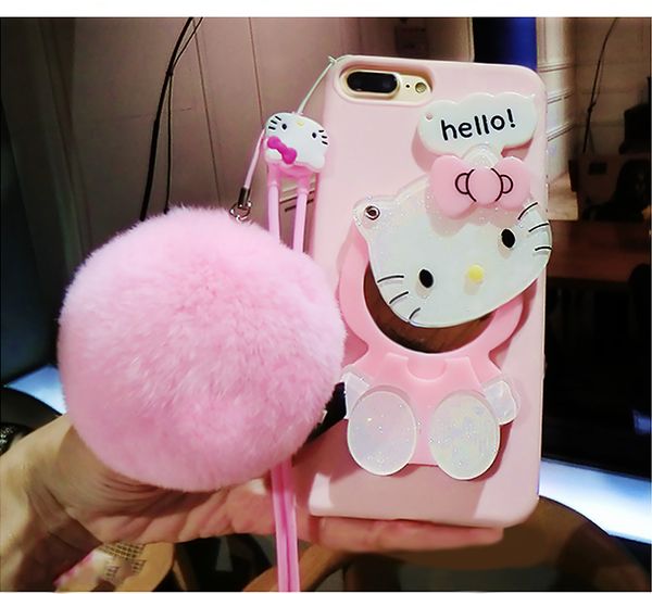 

YunRT Cute 3D Hello Kitty Cat Cartoon with Fur Ball Mirror Soft TPU Back Cover Makeup Phone Cases