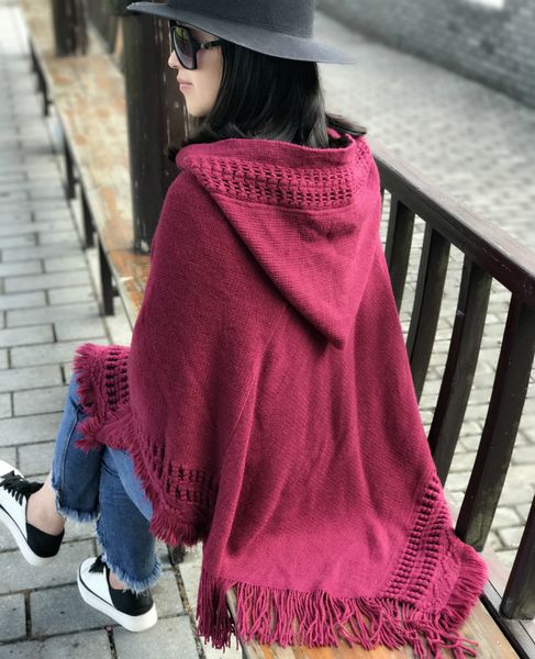 

bohemian fashion hollow tassel knitwear hooded long sweater poncho cape loose pullover solid knit jumper thin chaqueta cloak top, White;black