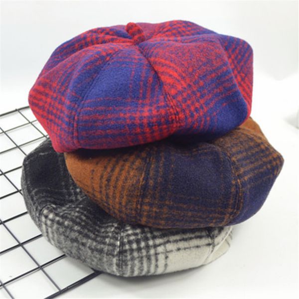

warm fashion artist felt women beret hat casual plaid autumn winter beret hat printing winter berets octagonal cap, Blue;gray