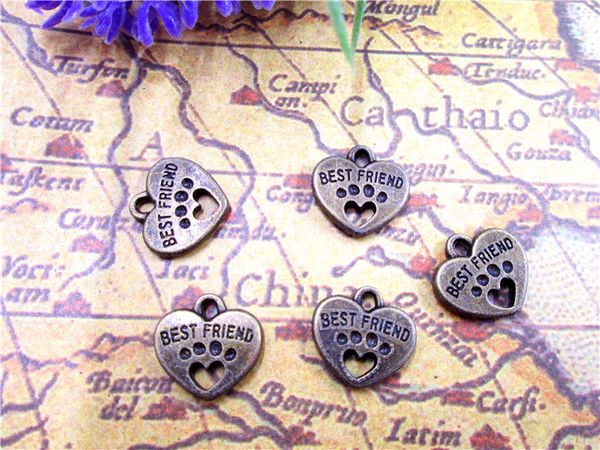 

60pcs--friend charms, antique bronze tone with heart dog paw charm pendants 15x15mm, Bronze;silver