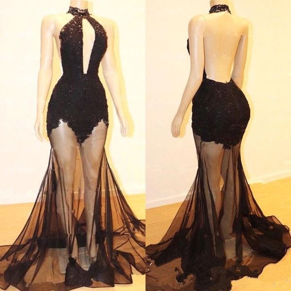 

2018 high neck black lace applique mermaid prom dresses backless sleeveless tulle see through party wear evening dresses custom made