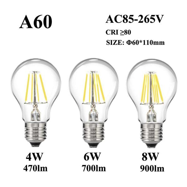

e27 e26 led filament bulb 4w/6w/8w 110v/220v 240v a60 glass classic vintage edison lamp light for retro pendant chandelier fixture