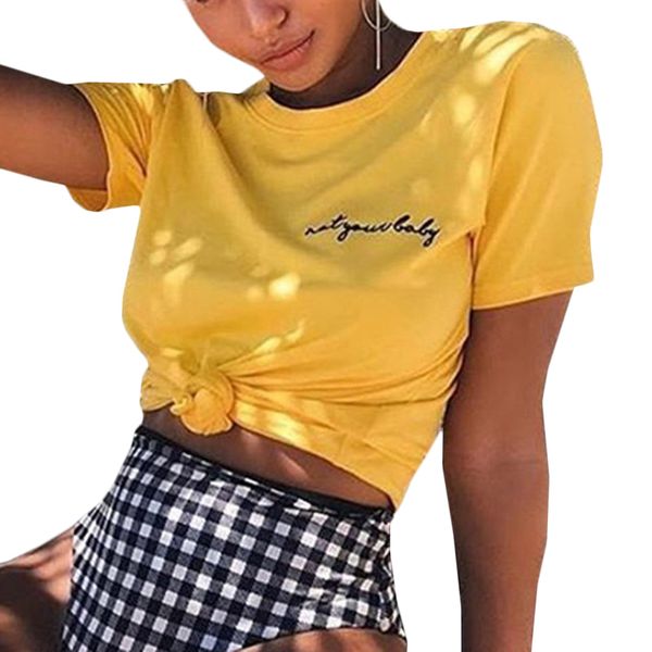 

2018 summer cotton short sleeve women t-shirt letter printed yellow embroidery women shirt o-neck simple tee, White