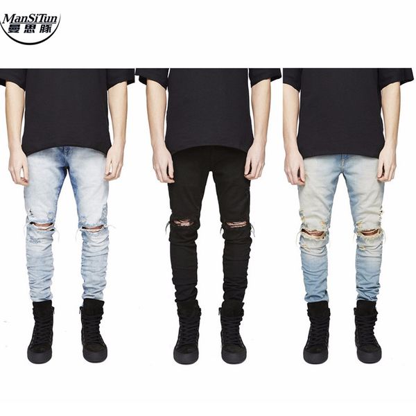 

shredded jeans the latest destroyed pants spring and autumn designer fashion denim jumpsuit destroyed ripped distressed jeans, Black