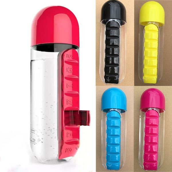 

600ml water bottles sports plastic mug combine daily pill boxes organizer drinking bottle travel outdoor drinking cup 5 color wx9-1077