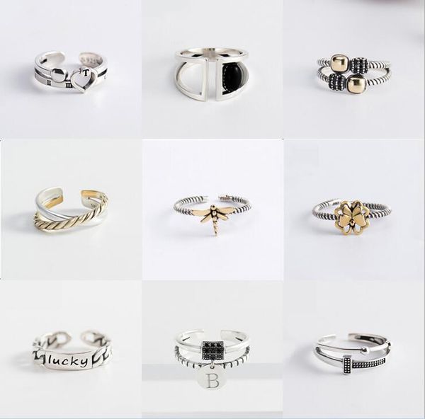 

12 designs mix real 925 sterling silver ring for women girls fashion create old bow chain charm rings fingers wholesale, Golden;silver