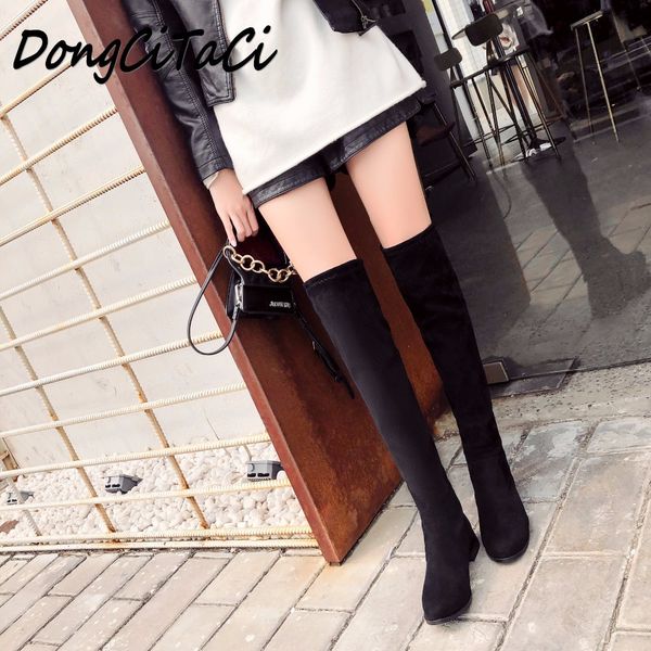 

dongcitaci winter women over the knee boots shoes woman flat bootie female fashion stretch slim metal zipper long boots, Black