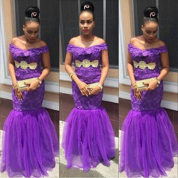 Moda Fora Do Ombro Vestidos de Baile Rendas Roxo Apliques Sem Mangas Sereia Vestido de Baile 2018 Estilo Aso-Ebi Sexy Vestido de Festa Vestido Formal Barato