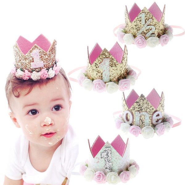 

2018 flower crown newborn headband gold birthday crown flower tiara headband for kids party headwear hair bands accessories gift, Slivery;white