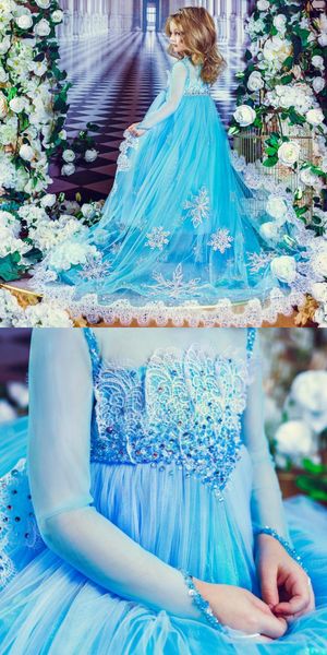 Water Blue Long Sleeve Girl S Cute Clothes Lace Appliques Kids Dresses With Sequin Decoration Long Train Wedding Flower Girl Dresses
