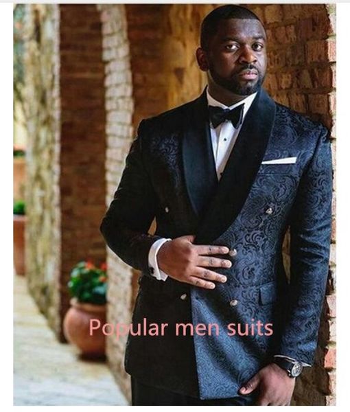 Custom Made Jacquard Suit Men 2018 Black Tuxedo Jacket 2 Piece Men Suits For Wedding Shawl Collar Mens Suits ( Jacket+Pants)