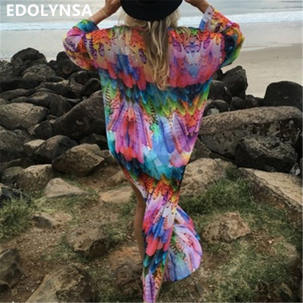

tropical print colorful chiffon beach kimono plus size long sleeve front open transparent summer women loose cardigan n600, White