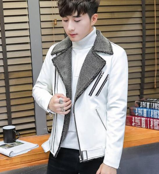 

autumn and winter fashion trend of europe the united states new south korean version of men lamb fur collared leather coat m-2xl, Black